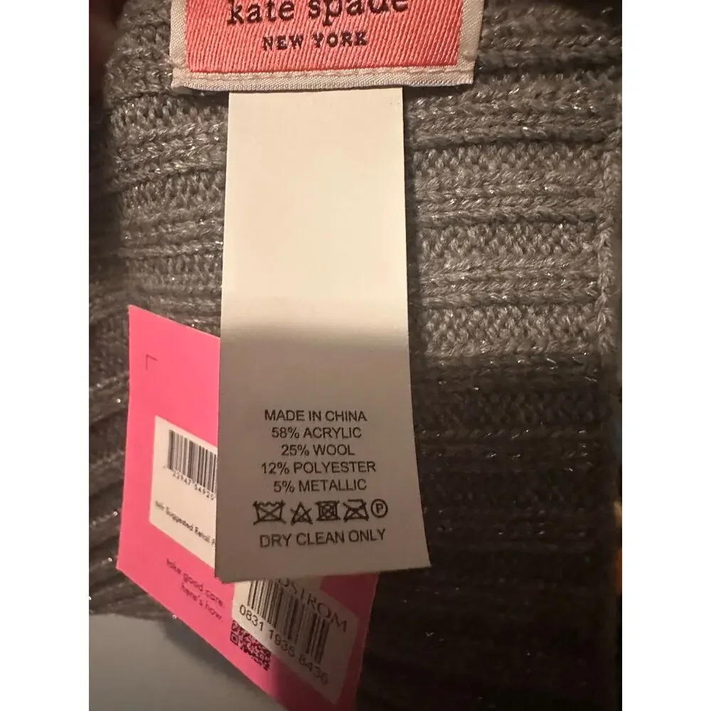 Kate Spade Metallic Gray Ribbed Knit Scarf with Bow Accent